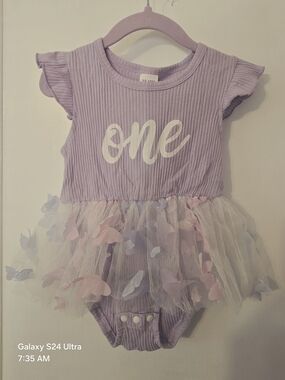 Amazon Lavender Ribbed 'One' Tulle Butterfly Tutu Bodysuit